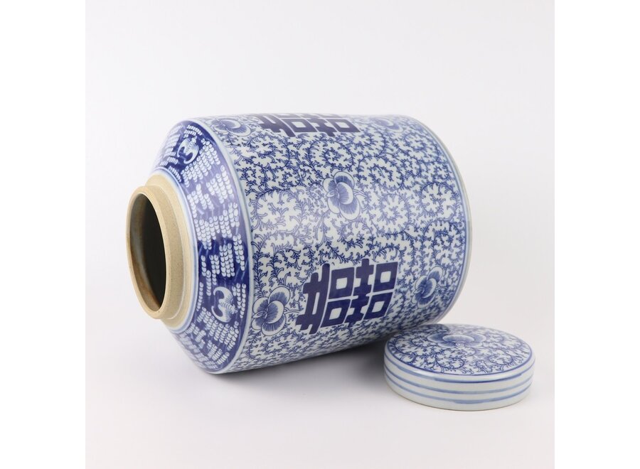 Pot à Gingembre Chinois Porcelaine Bleu Blanc Double Bonheur Peint à la Main D23xH30cm