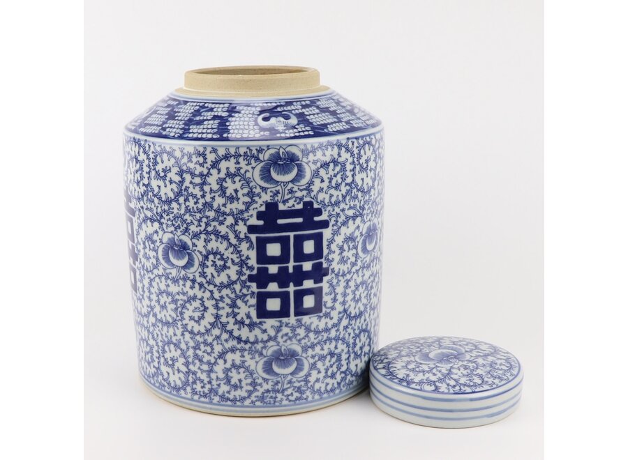 Pot à Gingembre Chinois Porcelaine Bleu Blanc Double Bonheur Peint à la Main D23xH30cm