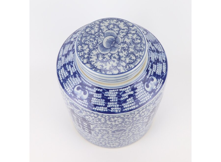 Pot à Gingembre Chinois Porcelaine Bleu Blanc Double Bonheur Peint à la Main D23xH30cm