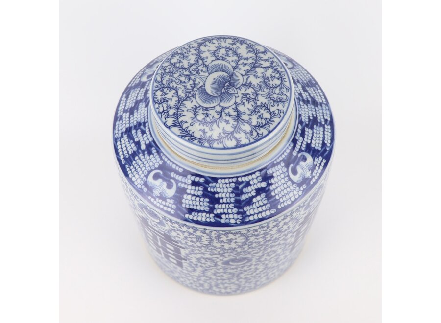 Tarro de Jengibre Chino Porcelana Azul Blanco Doble Felicidad Pintado a Mano D23xAl30cm