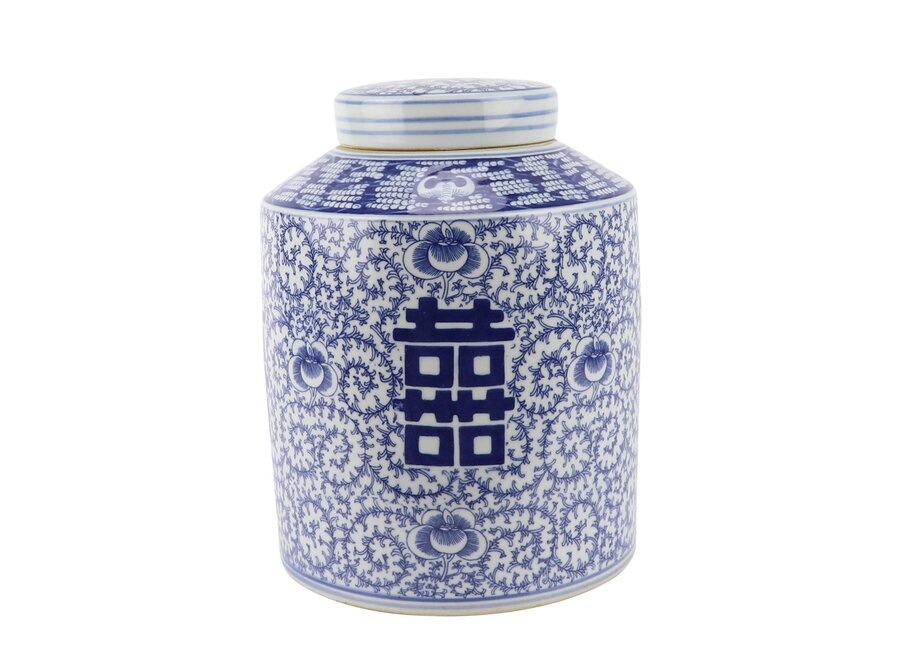 Vaso Ginger Jar Cinese in Porcellana Blu Bianco Doppia Felicità Dipinto a Mano D23xA30cm