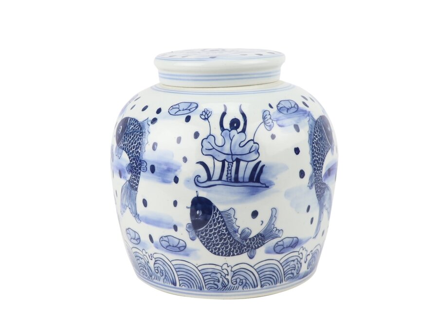 Pot à Gingembre Chinois Porcelaine Bleu Blanc Poissons Koi Peint à la Main D23xH23cm