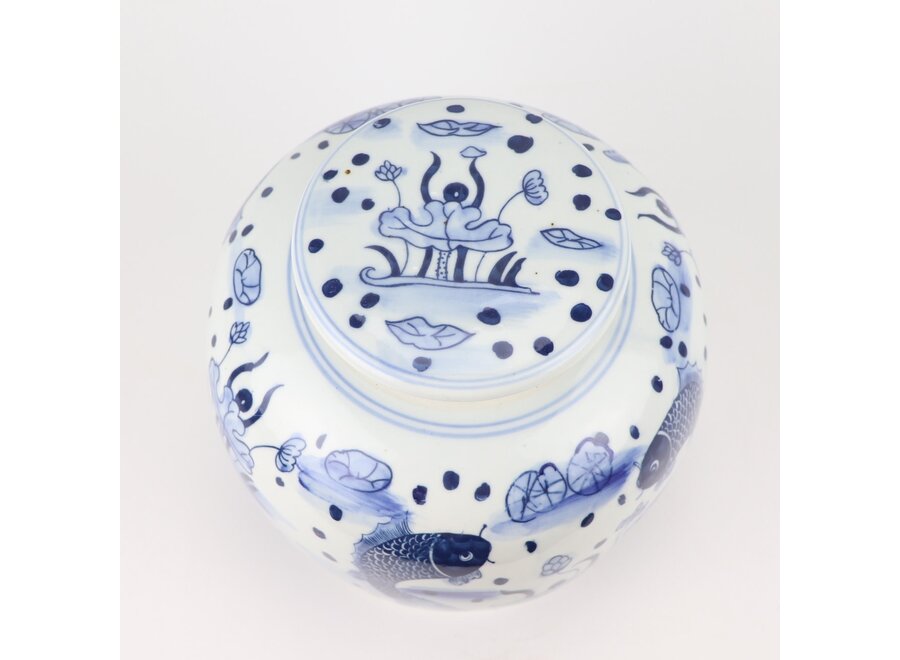 Chinese Ginger Jar Porcelain Blue White Koi Fish Hand-Painted D23xH23cm