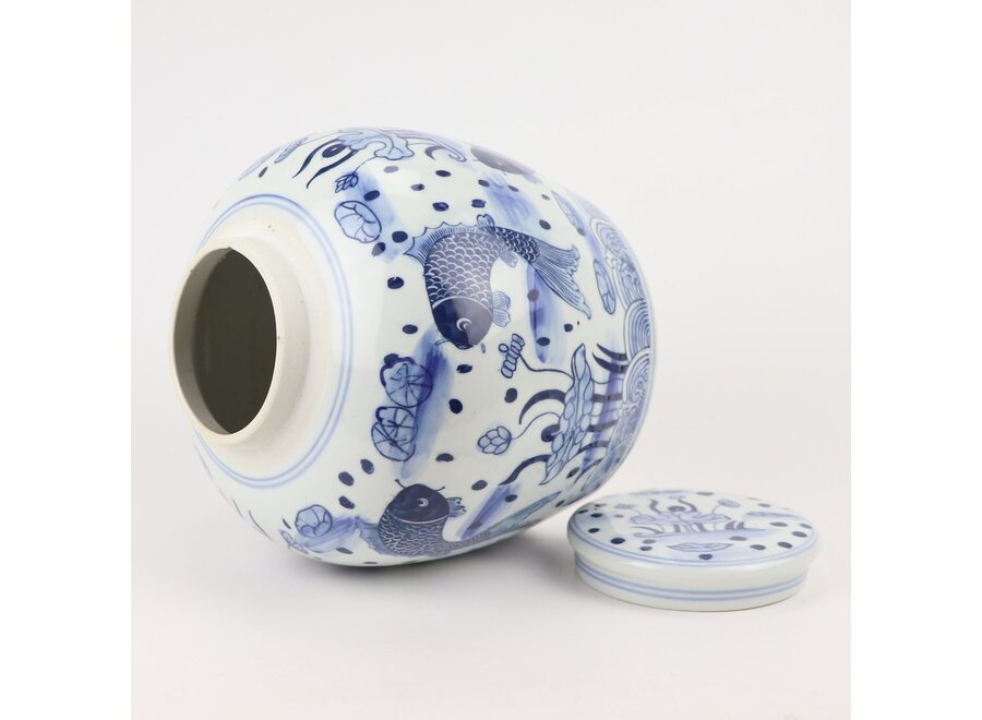 Chinese Ginger Jar Porcelain Blue White Koi Fish Hand-Painted D23xH23cm