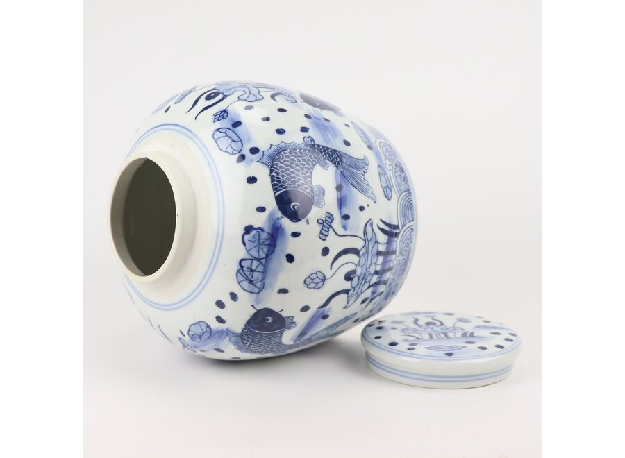 Tarro de Jengibre Chino Porcelana Azul Blanco Peces Koi Pintado a Mano D23xAl23cm