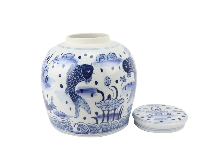 Pot à Gingembre Chinois Porcelaine Bleu Blanc Poissons Koi Peint à la Main D23xH23cm