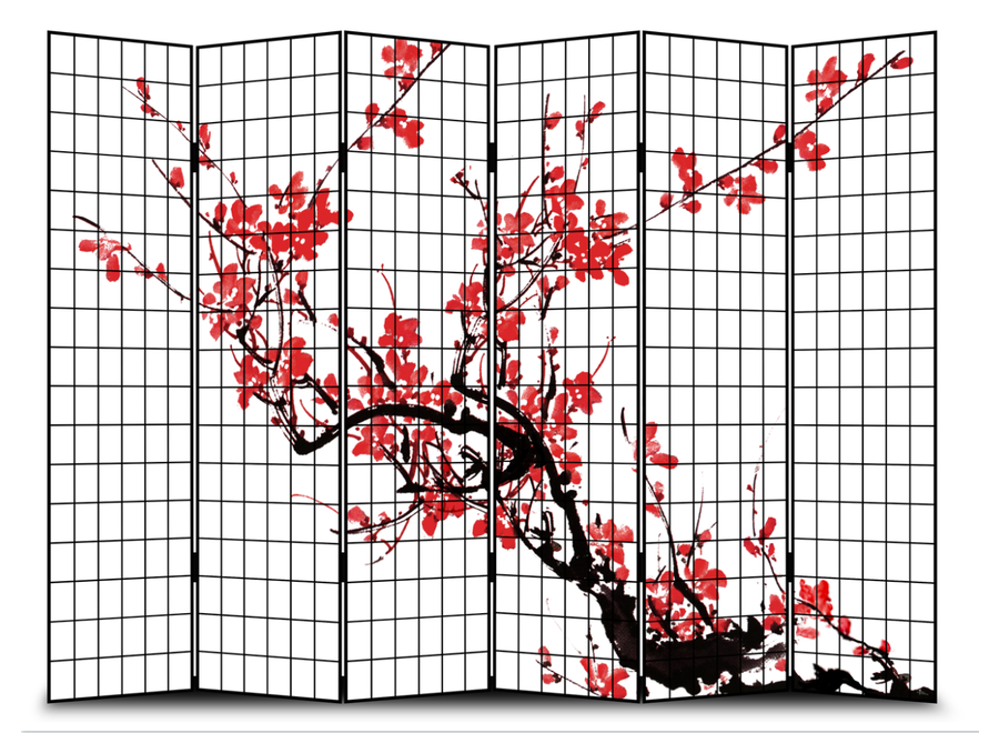 Paravent Japonais Japonais L240xH180cm 6 Panneaux Fleurs de Cerisier Noir