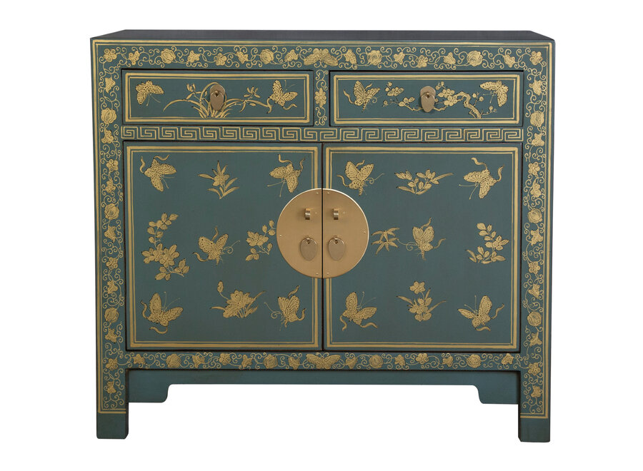 Armoire Chinoise Arctuc Bleu Gris Papillons Peint à la Main - Orientique Collection L90xP40xH80cm