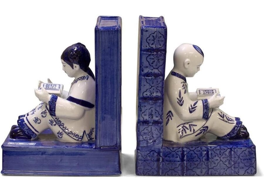 Serre-Livres Chinois Porcelaine Enfants Bleu Blanc Peint à la Main Ensemble/2 L18xP13xH23cm