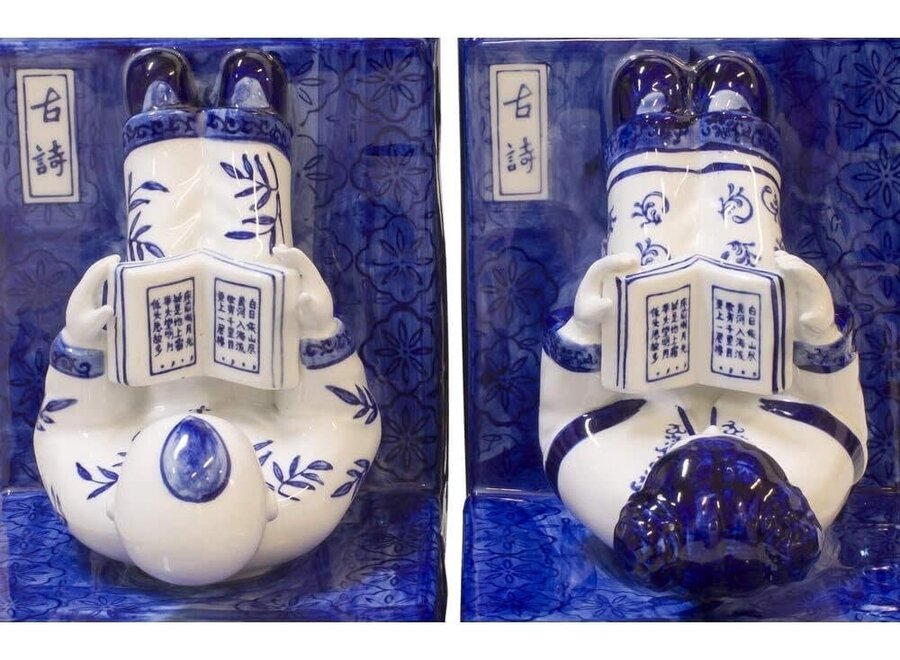 Serre-Livres Chinois Porcelaine Enfants Bleu Blanc Peint à la Main Ensemble/2 L18xP13xH23cm