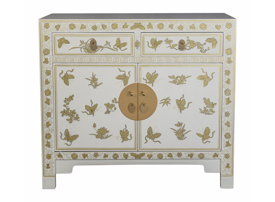 Armoire Chinoise Moonshine Grège Papillons Peint à la Main - Orientique Collection L90xP40xH80cm