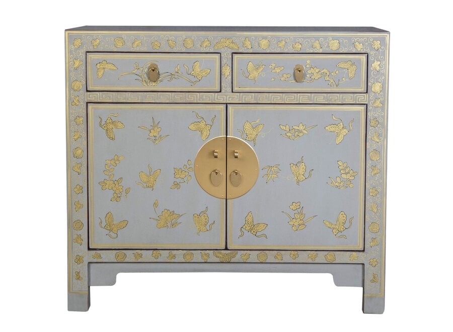 Chinese Cabinet Pastel Grey Butterflies Hand-Painted - Orientique Collection W90xD40xH80cm