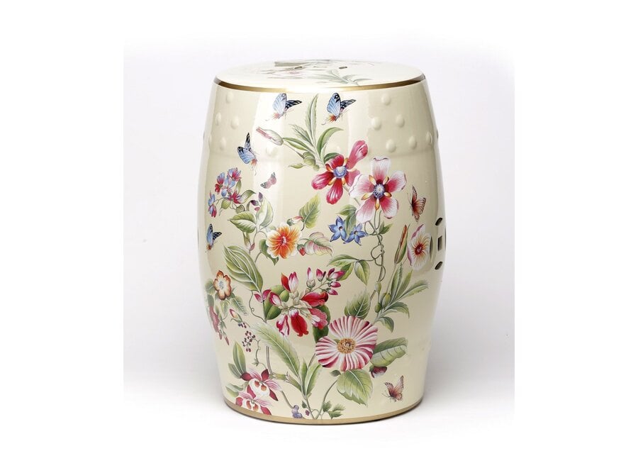 Keramik Hocker Beige Blumen Handgefertigt - Eirin D30xH45cm