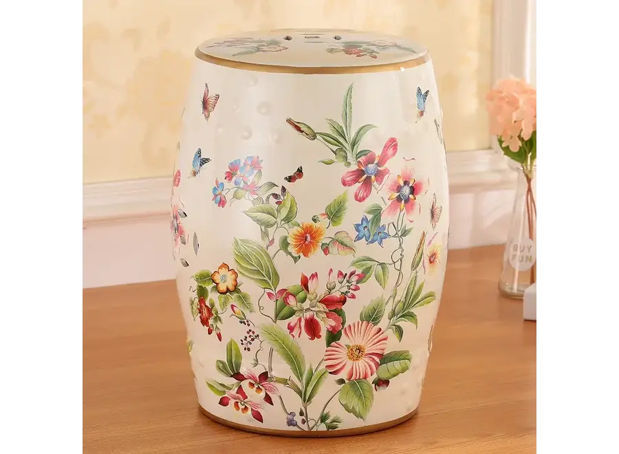 Ceramic Garden Stool Beige Flowers Handmade - Eirin D30xH45cm