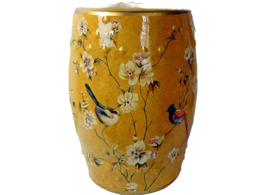 Ceramic Garden Stool Yellow Birds Handmade - Helia D30xH45cm