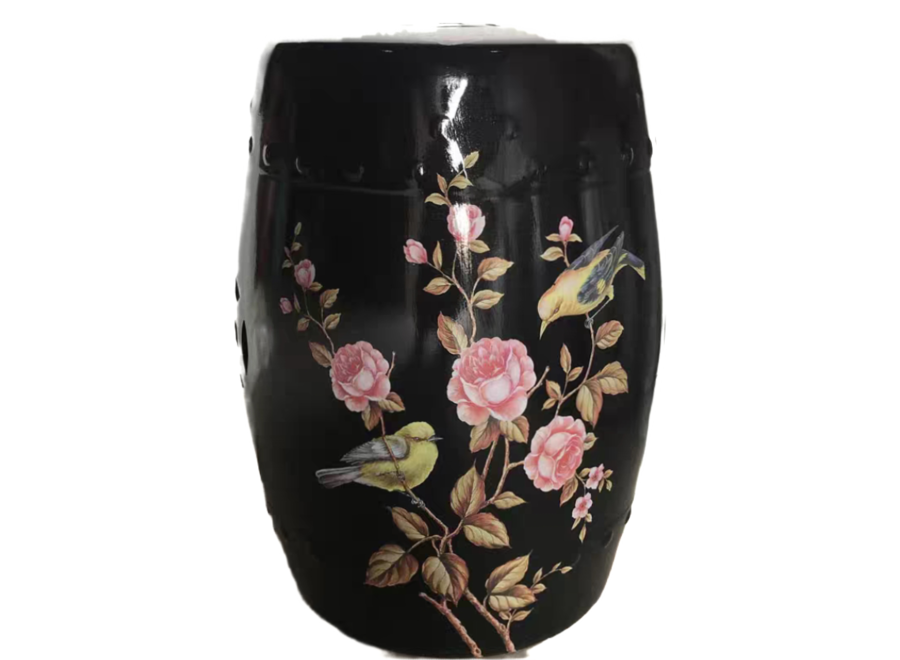 Ceramic Garden Stool Black Peonies Handmade - Yara D30xH45cm