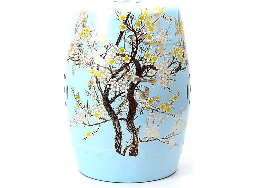 Keramik Hocker Blau Blüten Handgefertigt - Akira D30xH45cm