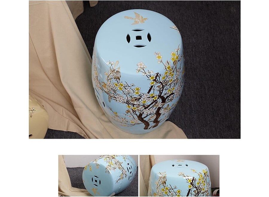 Ceramic Garden Stool Blue Blossoms Handmade - Akira D30xH45cm