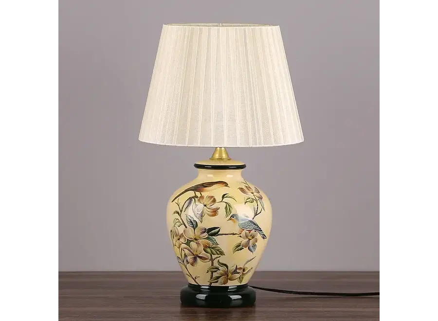 Lampe de Table en Porcelaine Jaune Oiseaux Fait Main - Quinn D30xH48cm