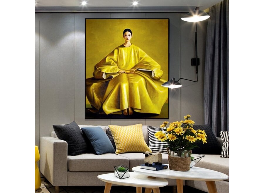 Pintura Al Óleo Cuadro Pintado a Mano Marco Negro 80x80cm Mujer China Amarillo