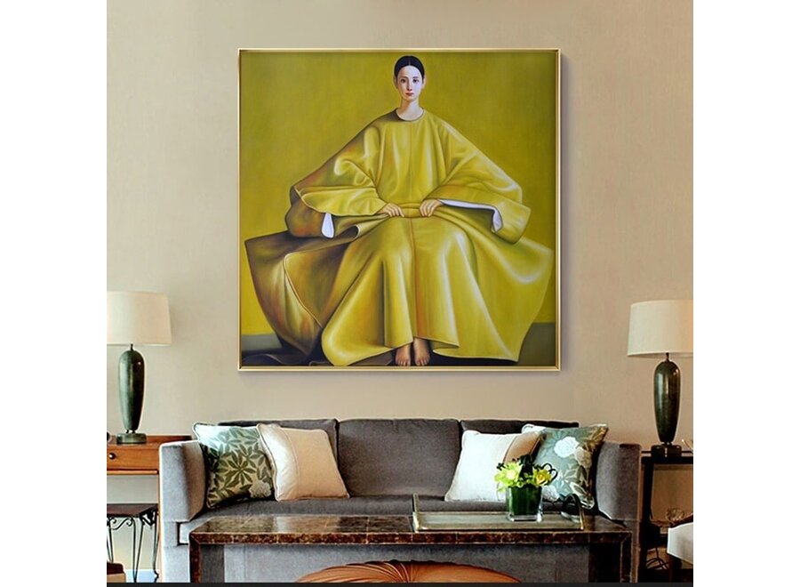 Pintura Al Óleo Cuadro Pintado a Mano Marco Negro 80x80cm Mujer China Amarillo