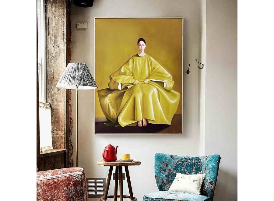 Pintura Al Óleo Cuadro Pintado a Mano Marco Negro 80x80cm Mujer China Amarillo