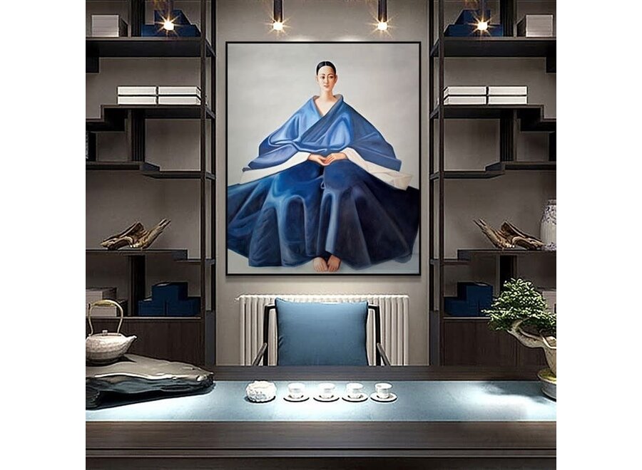 Peinture á l'Huile 100% Peint á La Main Cadre Noir 80x80cm Femme Chinois Bleu