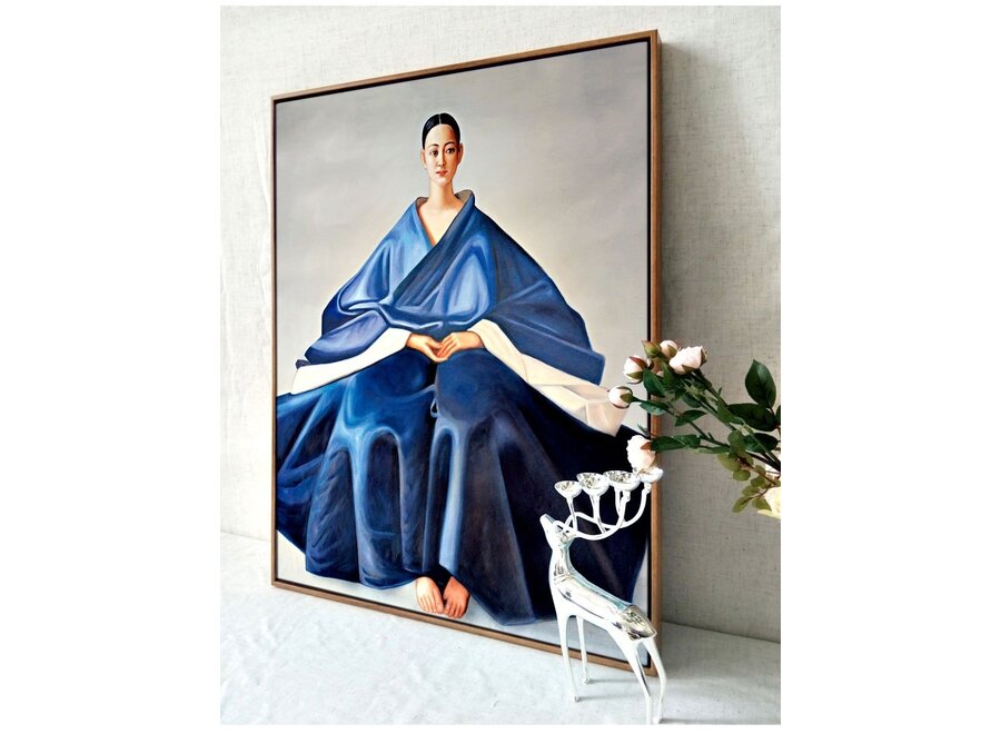 Peinture á l'Huile 100% Peint á La Main Cadre Noir 80x80cm Femme Chinois Bleu
