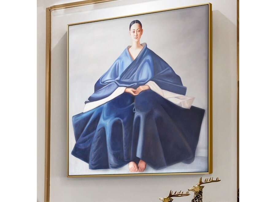 Peinture á l'Huile 100% Peint á La Main Cadre Noir 80x80cm Femme Chinois Bleu