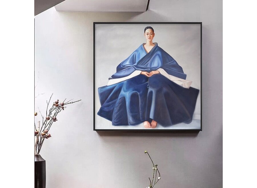 Peinture á l'Huile 100% Peint á La Main Cadre Noir 80x80cm Femme Chinois Bleu