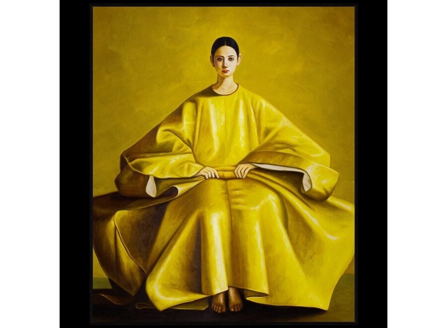 Pintura Al Óleo Cuadro Pintado a Mano Marco Negro 120x120cm Mujer China Amarillo