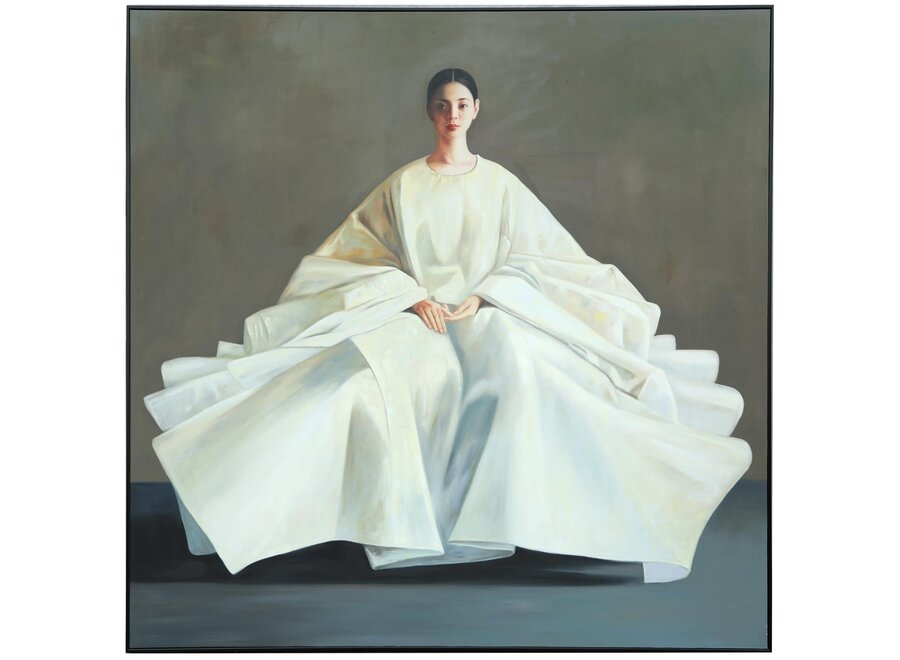 Pintura Al Óleo Cuadro Pintado a Mano Marco Negro 120x120cm Mujer China Blanco