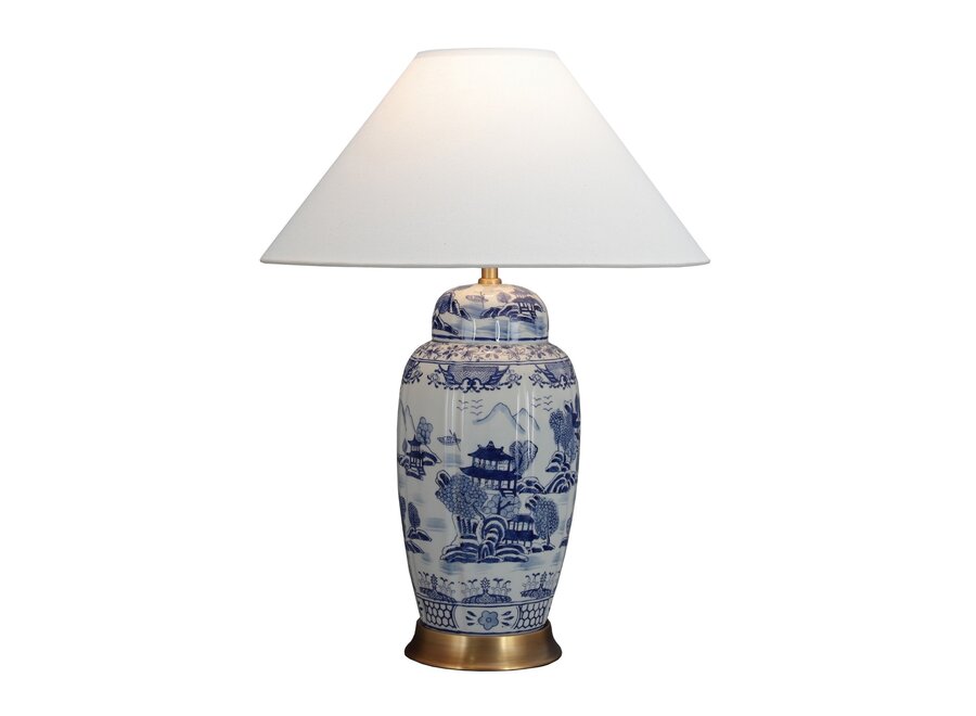 Chinesische Tischlampe Porzellan mit Schirm Blau Weiß Landschaft Handgemalt D52xH70cm