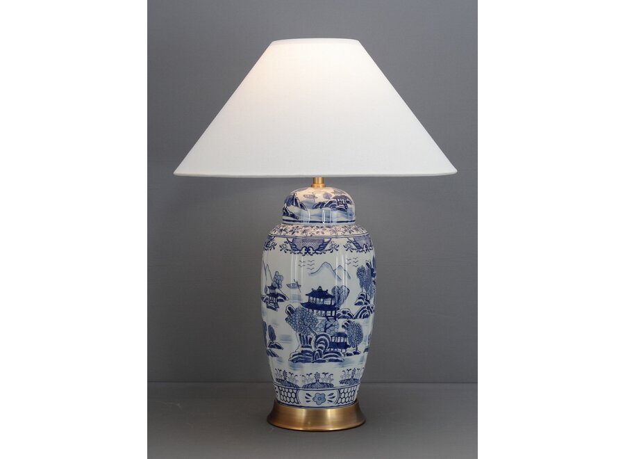 Chinesische Tischlampe Porzellan mit Schirm Blau Weiß Landschaft Handgemalt D52xH70cm