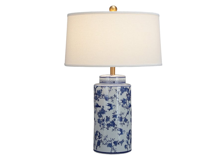 Chinese Table Lamp Porcelain with Lampshade Blue White Birds Hand-Painted D50xH75cm