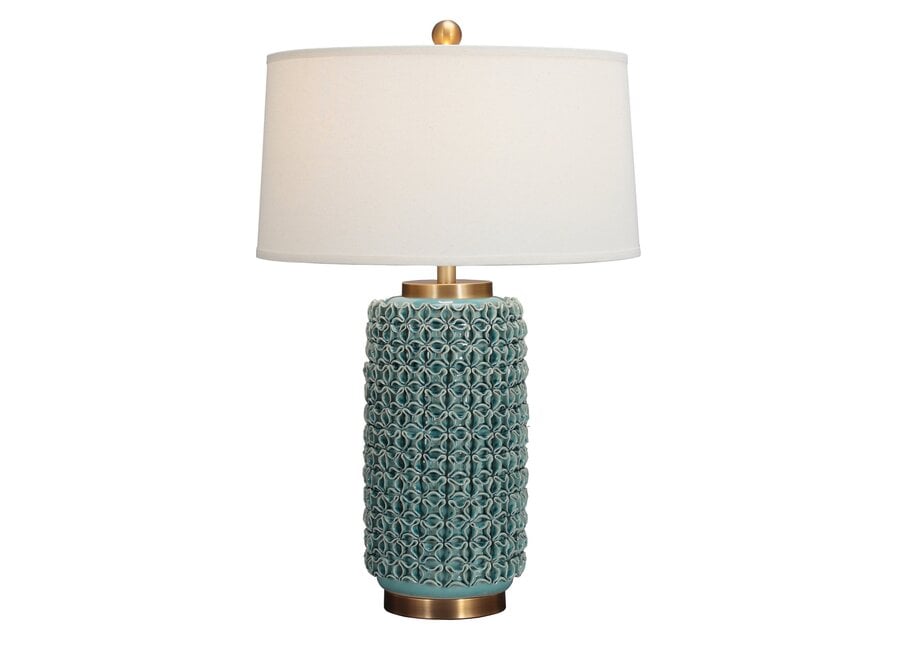 Lampe de Table en Porcelaine Chinoise avec Abat-jour Turquoise Motif Fait Main D50xH76cm