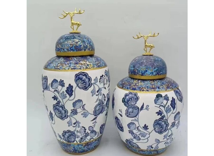 Chinese Ginger Jar Porcelain Blue White with Gold Accent Flowers Handmade D20xH27cm