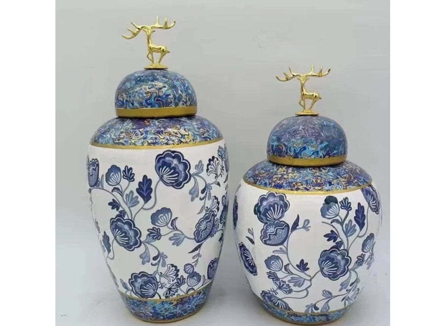 Tarro de Jengibre Chino Porcelana Azul Blanco con Acento Dorado Flores Hecho a Mano D17xAl33cm