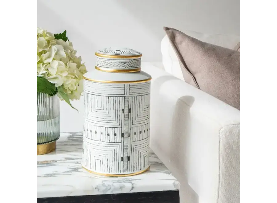 Chinese Ginger Jar Porcelain Black White with Gold Accent Geometric Handmade D16xH26cm