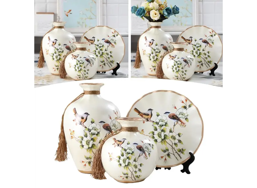 Chinesisches Porzellan Dekorative Vase und Teller Weiß Vögel Handgefertigt Set/3