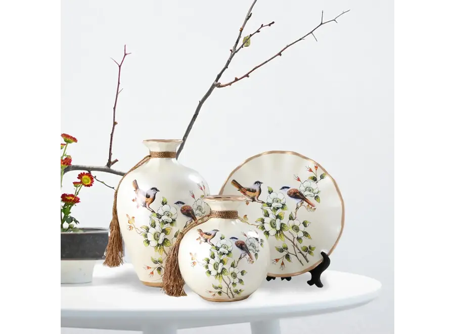 Chinese Porcelain Decorative Vase and Plate White Birds Handmade Set/3