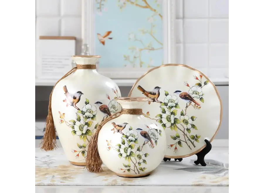 Chinesisches Porzellan Dekorative Vase und Teller Weiß Vögel Handgefertigt Set/3