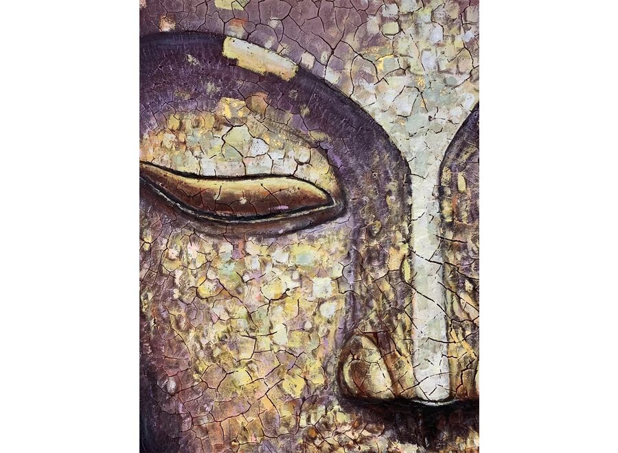 Pittura Ad Olio Dipinto a Mano 3D in Rilievo Cornice Nero 100x150cm Buddha Oro