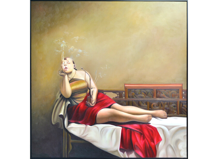 Pintura Al Óleo Cuadro Pintado a Mano Marco Negro 100x100cm Mujer China con Cigarro Rojo