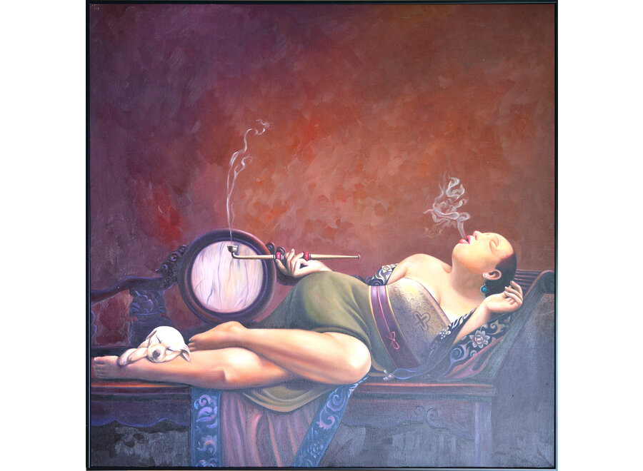 Peinture á l'Huile 100% Peint á La Main Cadre Noir 100x100cm Femme Chinoise avec Cigare Vert