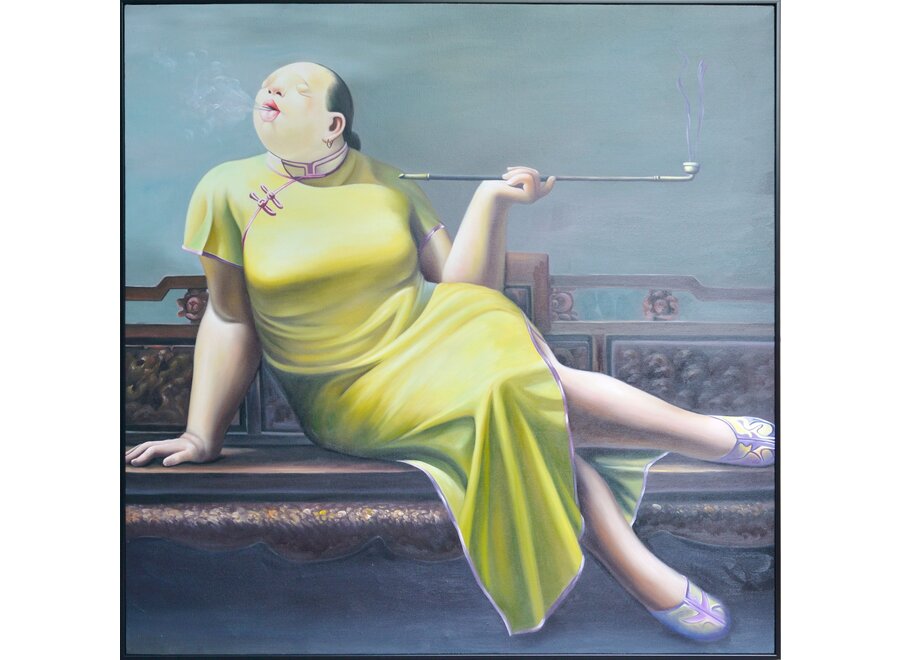 Peinture á l'Huile 100% Peint á La Main Cadre Noir 100x100cm Femme Chinoise avec Cigare Qipao Jaune