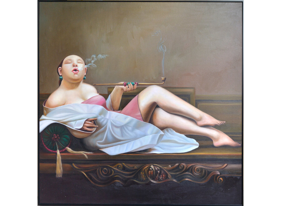 Pintura Al Óleo Cuadro Pintado a Mano Marco Negro 100x100cm Mujer China con Cigarro Rosa