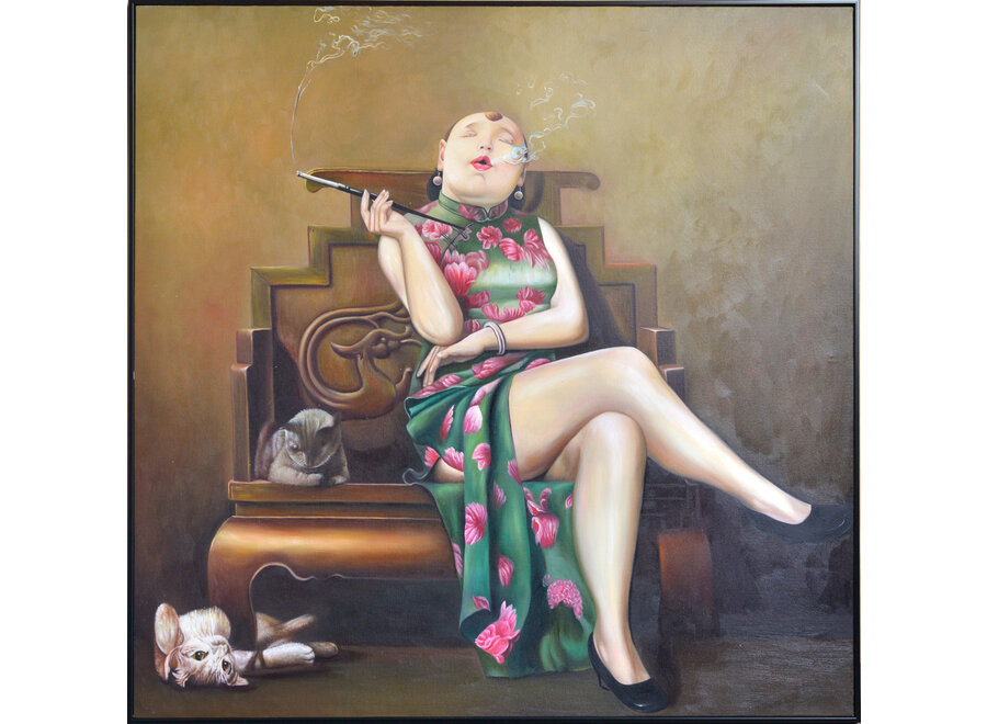 Oil Painting 100% Handpainted Black Frame 100x100cm Chinese Woman with Cigar Qipao Green