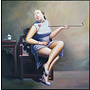 Peinture á l'Huile 100% Peint á La Main Cadre Noir 100x100cm Femme Chinoise avec Cigare Qipao Blanc
