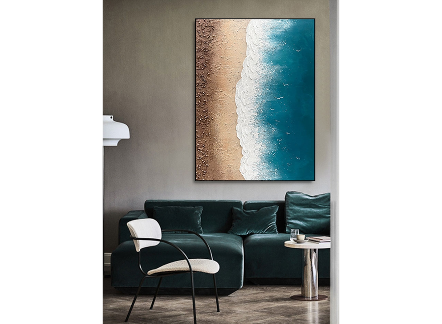 Peinture á l'Huile 100% Peinta á La Main 3D Effect Relief Cadre Noir 90x120cm Plage avec de Vraies Pierres